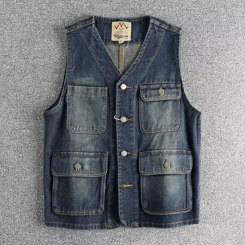 出口复古做旧水洗工装多口袋马甲潮牌宽松坎肩牛仔背心男休闲外套