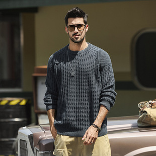 宽松休闲长袖 男款 毛衣2025秋季 新款 上衣潮 美式 男士 复古圆领针织衫