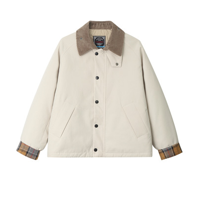 巴恩风翻领格子短款加厚棉衣男女