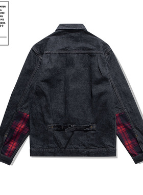 OKONKWO 15oz重磅原色赤耳牛仔夹克男士拼色格子布原色丹宁夹克