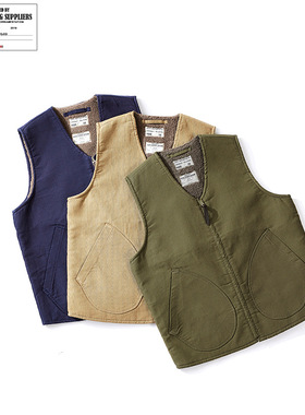 OKONKWO军装二战海军羊羔绒背心加绒加厚羊毛男式马甲阿美咔叽