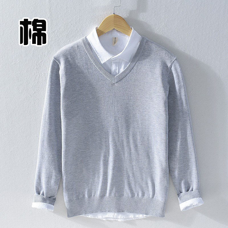 纯棉毛衣男V领全棉鸡心领针织衫打底套头长袖线衣商务男士棉线冬