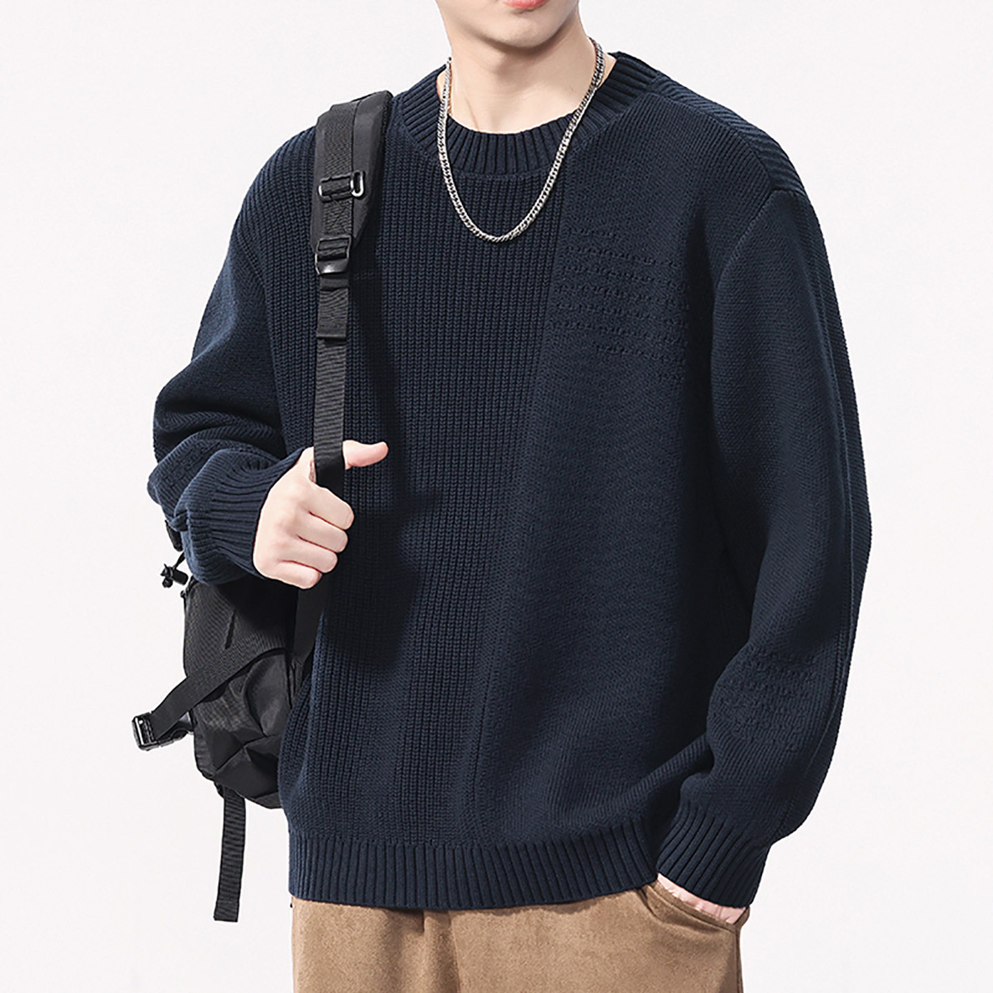 美式复古宝蓝色纯棉毛衣外套男2025秋冬新款宽松圆领慵懒风针织衫,男装,针织衫/毛衣,淘宝优惠券,粉丝福利购,淘宝优惠卷