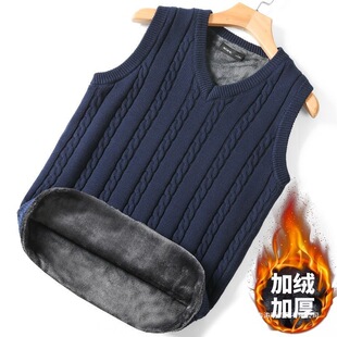 加绒加厚无袖毛衣男士马甲冬季保暖背心男针织衫坎肩内搭纯棉V领