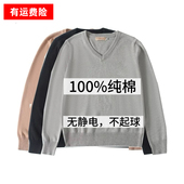 纯棉针织毛衣男士 不起球 棉质线衣重工长袖 宽松大码 V领全棉打底衫