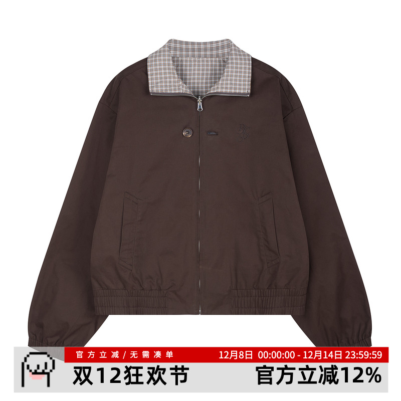 黑喵像素格纹撞色拉链夹克外套