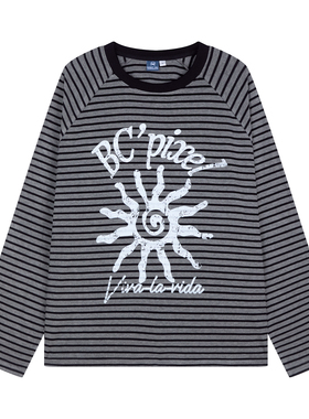 黑喵像素 黑灰色太阳印花条纹长袖t打底宽松通勤风圆领流行休闲女