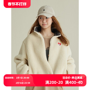 黑喵像素 冬季双面格子仿羊羔绒短外套防风保暖加厚宽松棉服男女