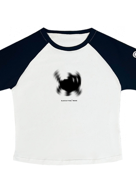 黑喵像素 迷幻猫拼色插肩袖短款上衣弹力印花短袖t