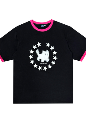 黑喵像素 夏季拼色星圈猫短袖T恤圆领趣味宽松印花休闲男女情侣