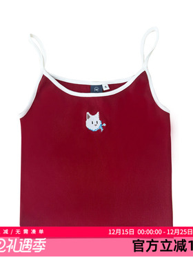 黑喵像素夏季凉感领结猫红色吊带背心bm风百搭潮流辣妹印花休闲女