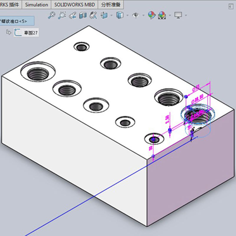 Solidworks公制英制美制液压螺纹油口液压系统设计油路块阀块0907