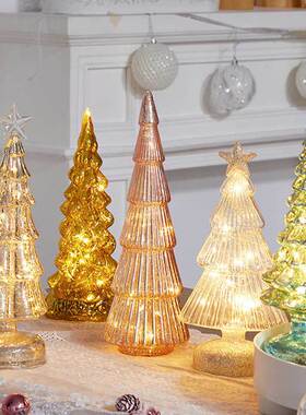 圣诞发光灯树ins复古彩绘玻璃圣诞树造型星星亮片带灯许愿树摆件