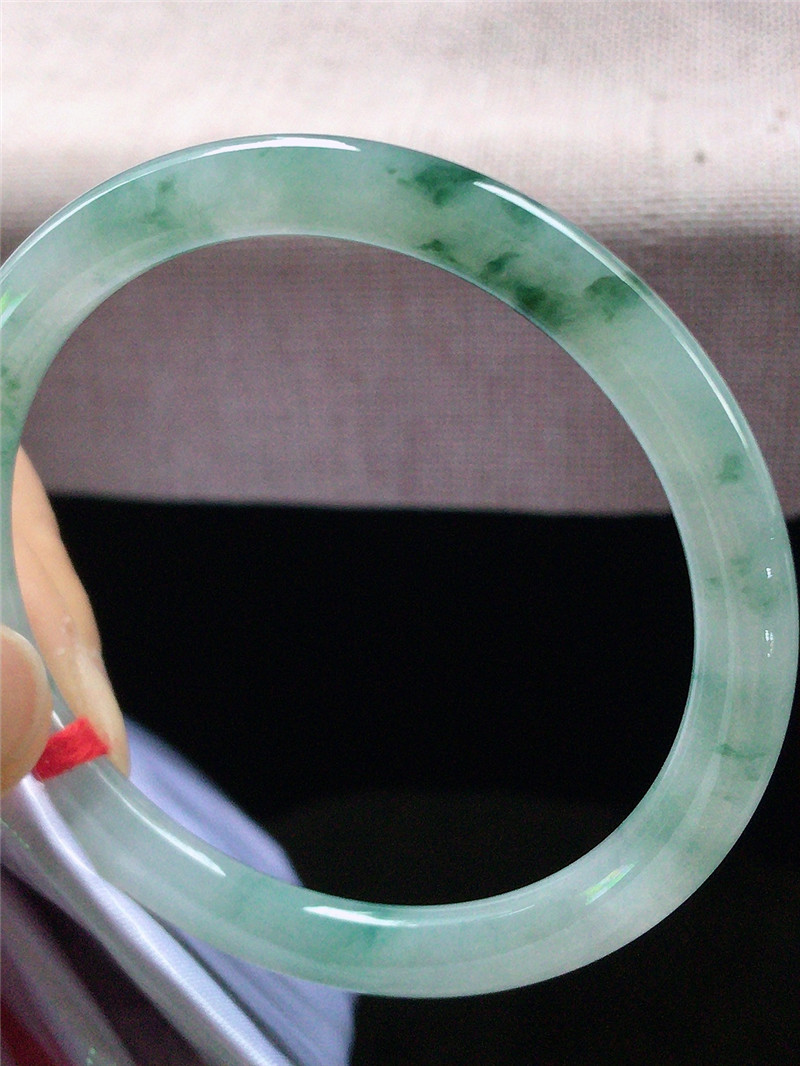 缅甸老坑冰种冰糯种飘花圆条翡翠手镯女玉镯子a货54-55圈口玉石镯