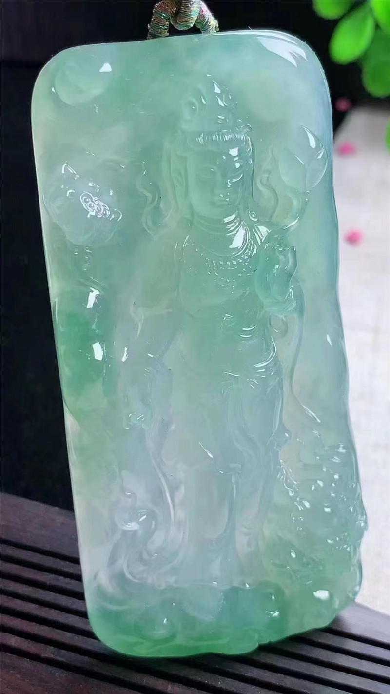 缅甸天然老坑A货翡翠高冰种晴绿底文殊观音菩萨吊坠玉石男款挂件