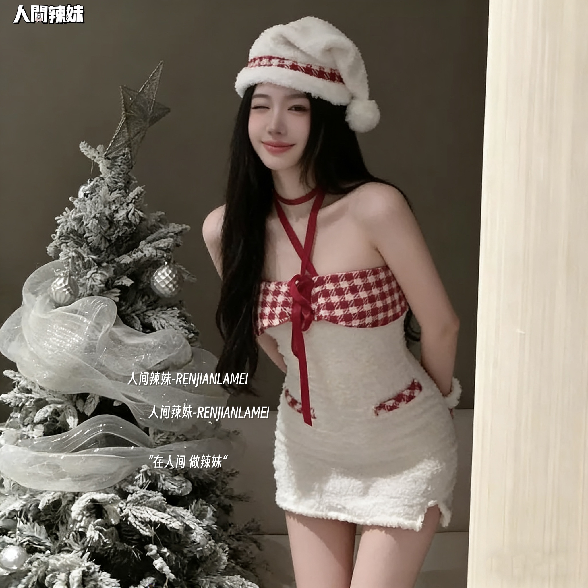 暴雪圣诞夜*纯欲穿搭抹胸战袍连衣裙女包臀裙毛茸茸睡衣做你的猫