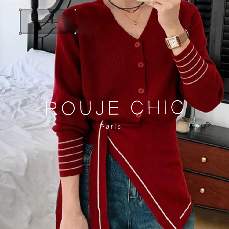 ROUJE CHIC法式高级感披肩毛衣外套女秋冬海军领红色V领针织开衫