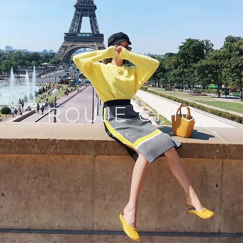ROUJE CHIC法式时髦时尚套头毛衣女秋冬灰色拼色半身裙两件套套装