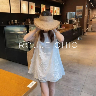 女夏小衫 ROUJE 衬衫 CHIC法式 背心上衣 温柔风白色立体花朵圆领无袖