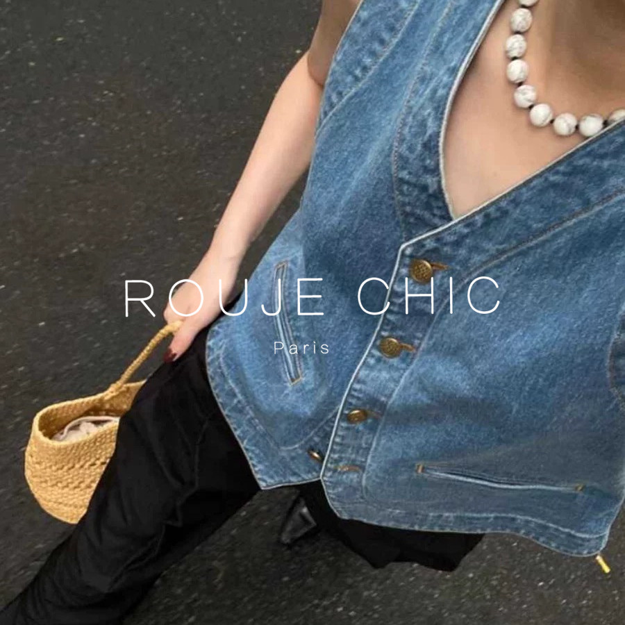 ROUJE CHIC法式复古百搭时髦叠穿牛仔坎肩背心马甲女夏季短款外套