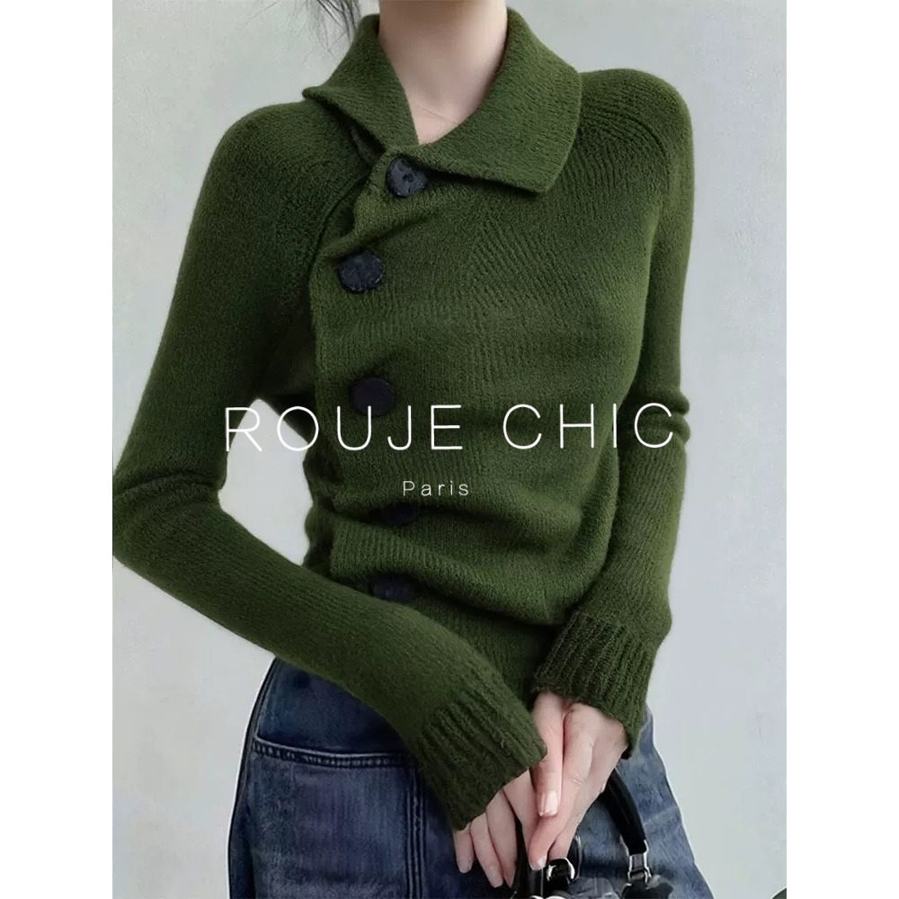 ROUJE CHIC法式复古风绿色斜扣翻领针织打底衫女春季修身显瘦毛衣,女装/女士精品,大码内搭,淘宝优惠券,粉丝福利购,淘宝优惠卷
