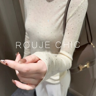 女秋冬修身 白色一字领烫钻针织打底衫 显瘦内搭上衣 CHIC法式 ROUJE