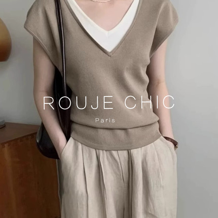 ROUJE CHIC法式设计感小飞袖冰丝针织衫女夏假两件条纹V领短款T恤