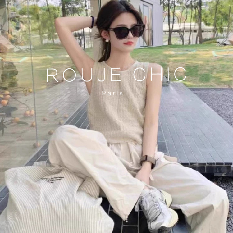 ROUJE CHIC法式宽松短款坎肩无袖上衣女夏季工字冰丝针织吊带背心