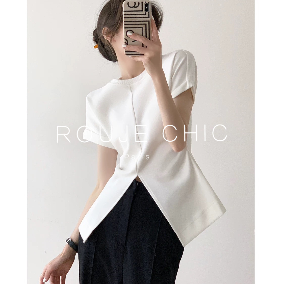 ROUJE CHIC法式不规则白色开叉短袖T恤女夏季设计感小众修身上衣