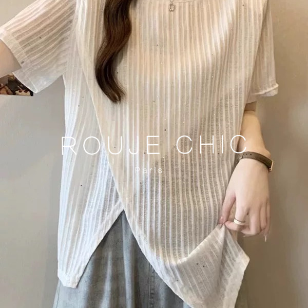 ROUJE CHIC法式不规则白色开叉正肩短袖t恤女夏宽松显瘦雪纺上衣