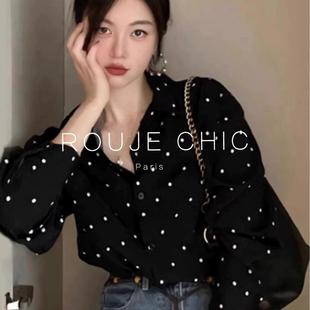 女早春翻领上衣 ROUJE CHIC法式 复古宽松polo领赫本风波点长袖 衬衫