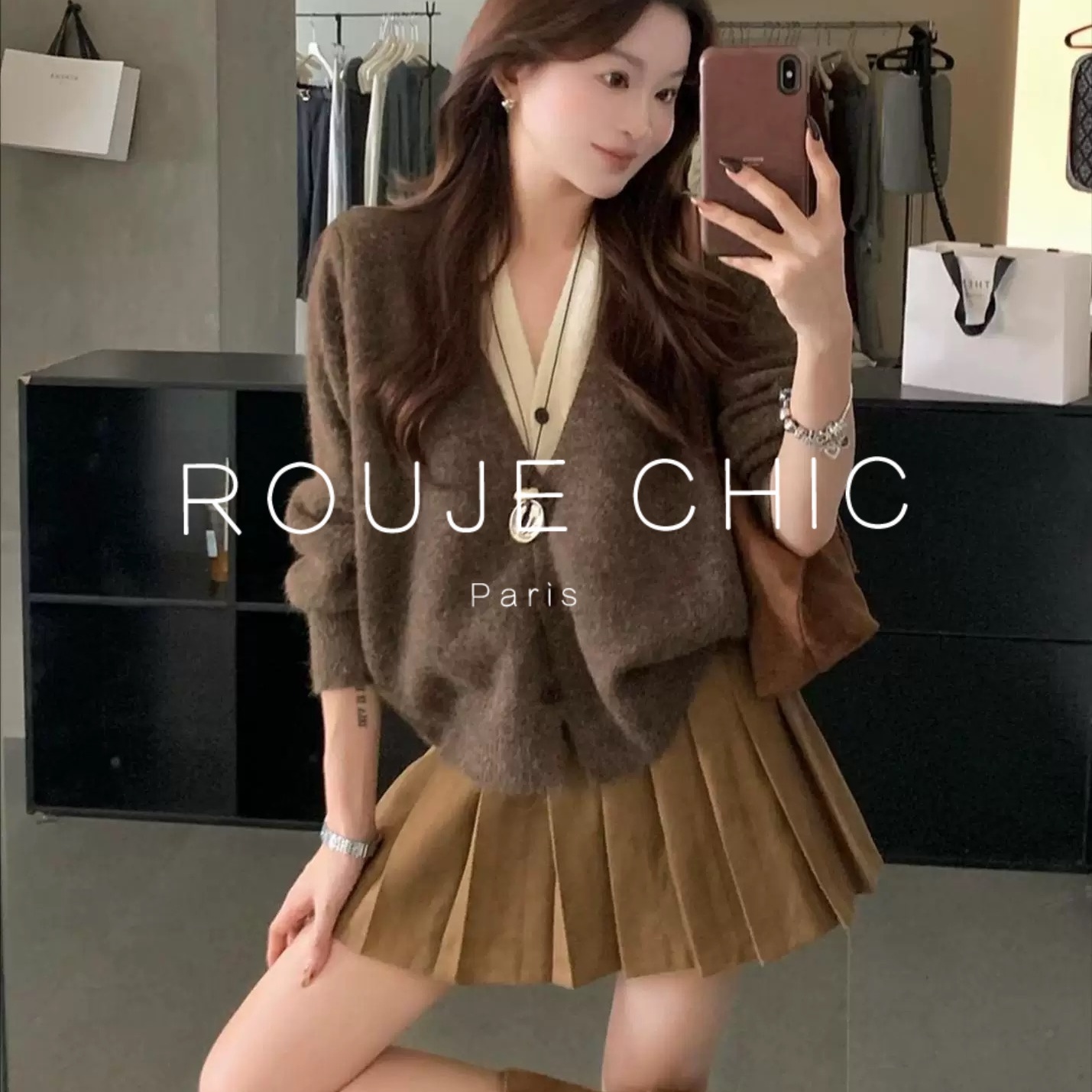 法国咖色假两件V领针织开衫女冬