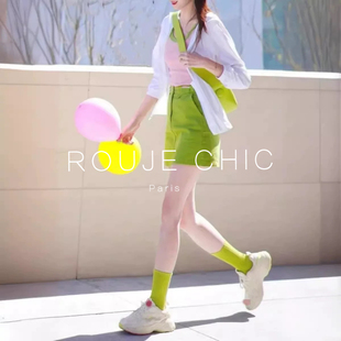 ROUJE CHIC法式复古连帽短袖T恤女夏多巴胺洋气连衣裙子三件套装
