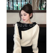 温柔风黑白撞色斜肩针织衫 ROUJE CHIC法式 女冬慵懒高级感气质上衣