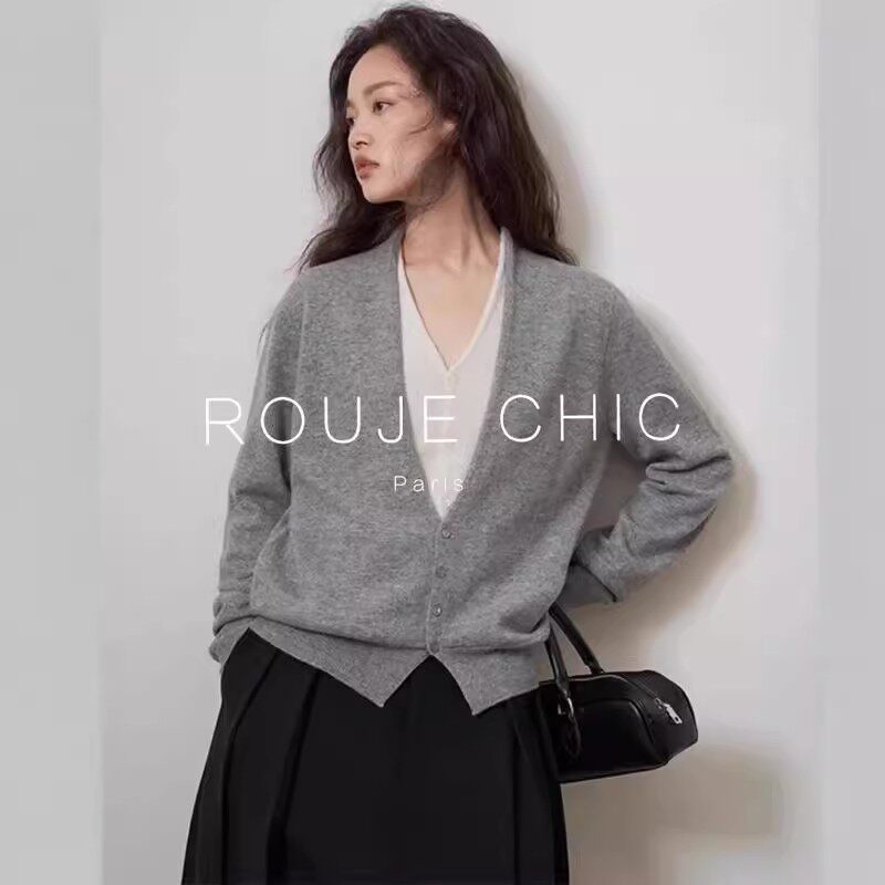 ROUJE CHIC法式复古气质假两件灰色V领针织开衫女秋慵懒毛衣外套