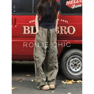 裤 ROUJE 复古军绿色工装 宽松阔腿裤 直筒长裤 女春季 CHIC法式 牛仔裤