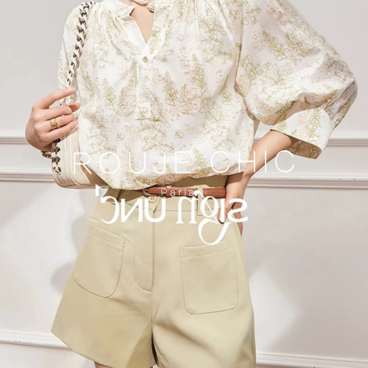 法国女春夏显瘦V领轻熟印花衬衫