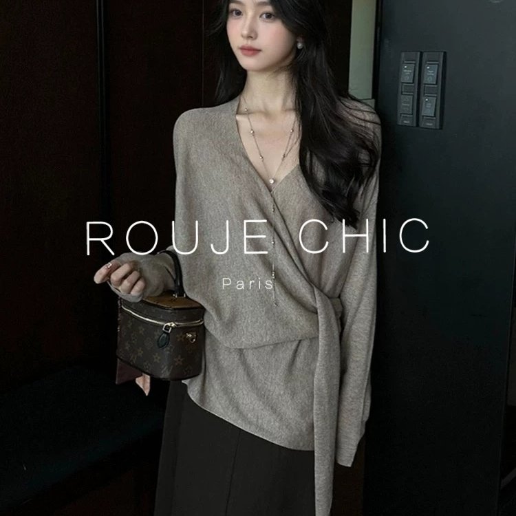 ROUJE CHIC法式燕麦色V领交叉绑带针织衫女秋冬正肩显瘦毛衣上衣,女装/女士精品,大码内搭,淘宝优惠券,粉丝福利购,淘宝优惠卷