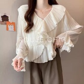 女装 ROUJE 上衣 衬衫 温柔风大码 CHIC法式 设计感小众荷叶边V领长袖
