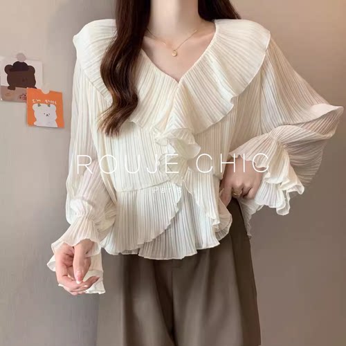 法国荷叶边V领长袖衬衫大码女装
