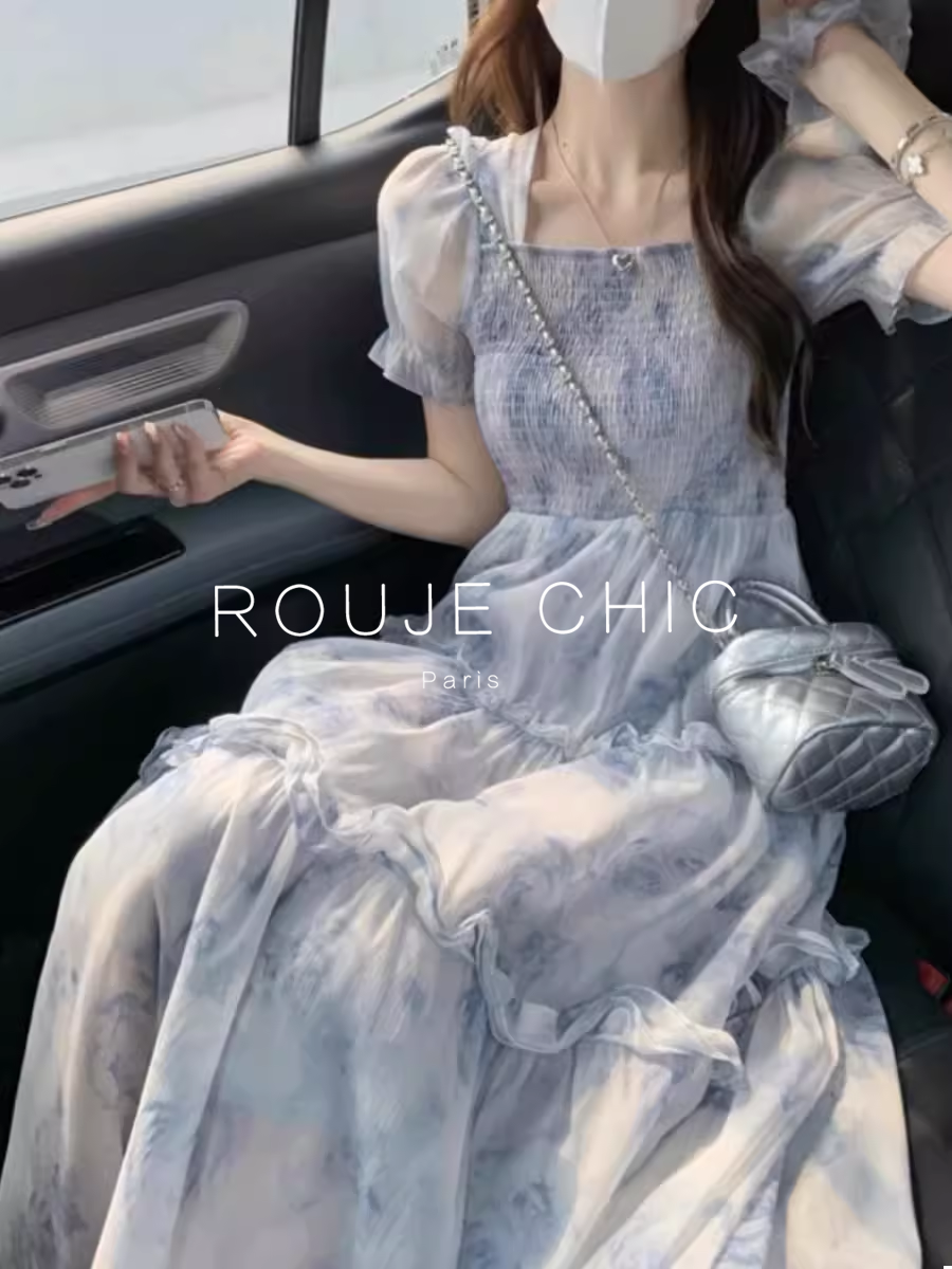 ROUJE CHIC法式大码碎花连衣裙女夏季收腰显瘦裙子森系垂感a字裙