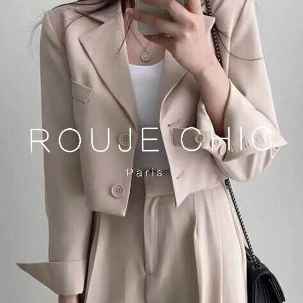 ROUJE CHIC法式复古翻领两粒扣西装短外套+高腰阔腿西裤套装女春