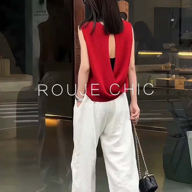 ROUJE CHIC法式红色圆领后背镂空针织吊带女夏季独特短款背心上衣