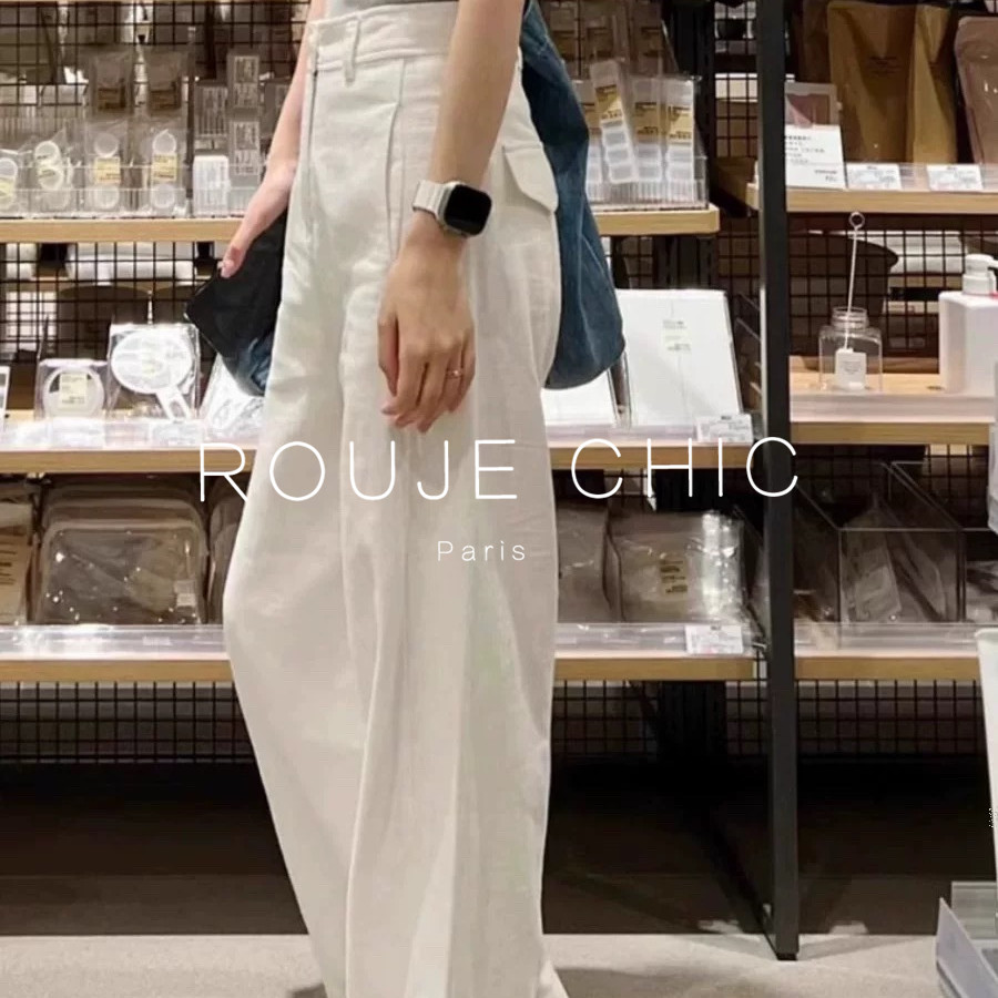 ROUJE CHIC法式休闲百搭白色棉麻阔腿裤女春高级感垂感直筒休闲裤
