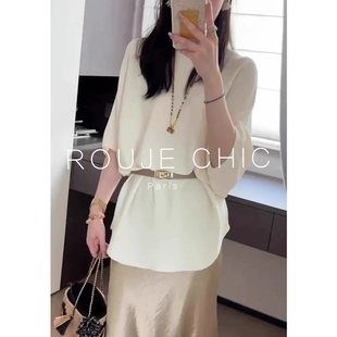 女夏简约知性通勤简约衬衣上衣 ROUJE CHIC法式 气质米白色短袖 衬衫