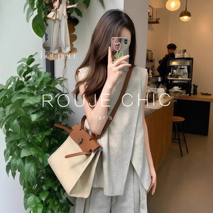ROUJE CHIC法式高级感卡其色棉麻无袖马甲背心阔腿裤减龄套装女夏