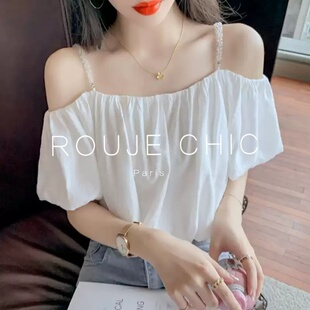 ROUJE CHIC法式一字肩白色雪纺衫吊带女夏季洋气百搭显瘦减龄上衣