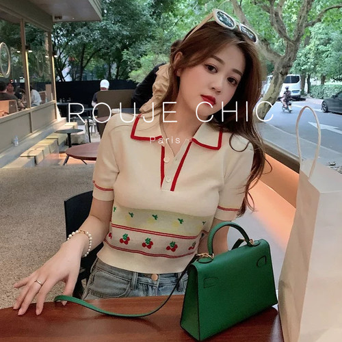 法式甜美polo领冰丝薄款T恤女夏