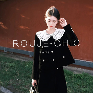 高级感娃娃领小香风蕾丝翻领丝绒女富家千金套装 ROUJE CHIC法式