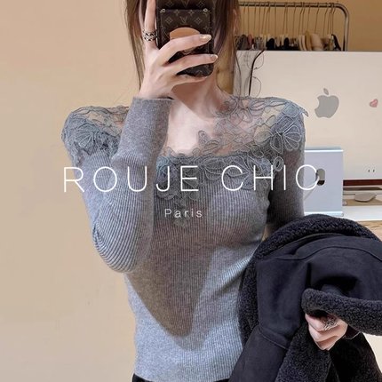 ROUJE CHIC法式灰色蕾丝拼接V领针织衫女冬高级感内搭修身打底衫
